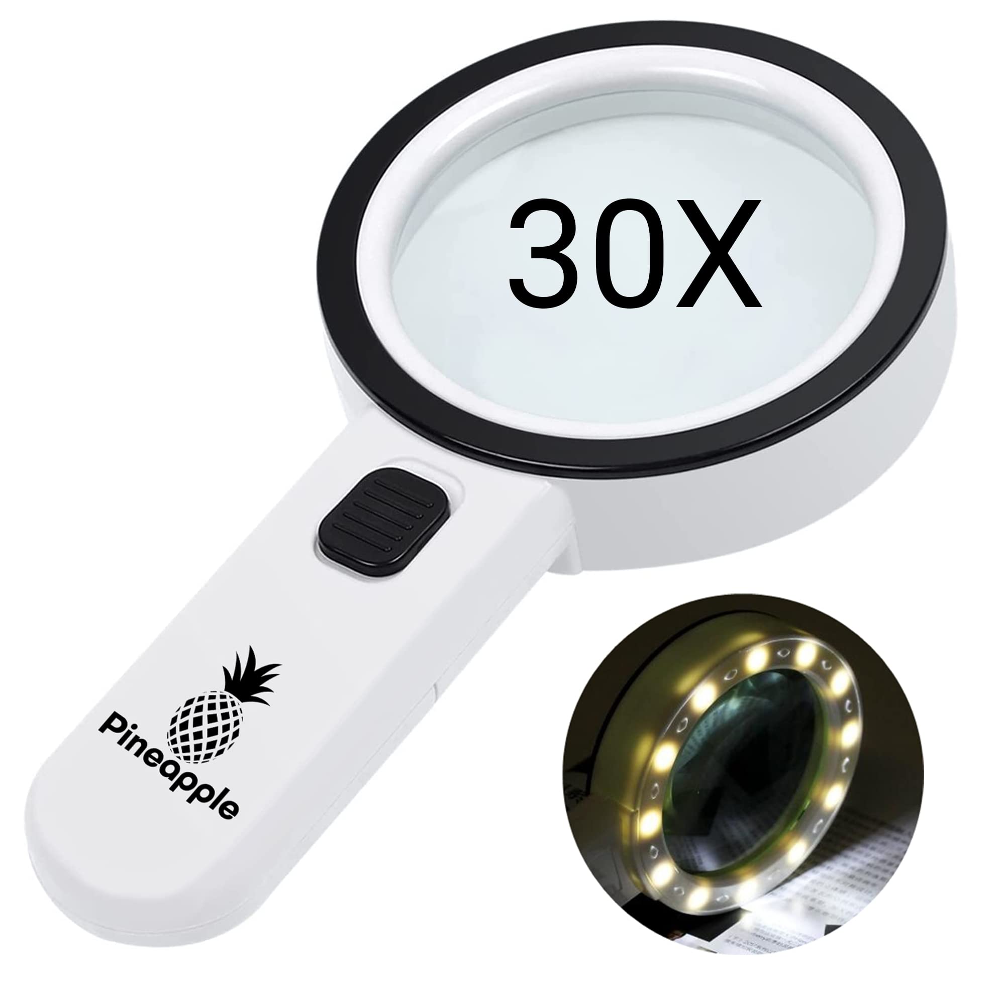 Pineapple Magnifying Glass with Light, 30X Handheld Large Magnifying G ...