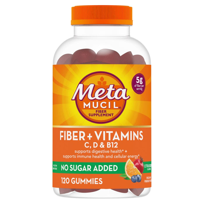 Metamucil Fiber Supplement Gummies Plus Vitamins C, D, & B12, No Sugar Added, 5g Prebiotic Plant-Based Fiber Blend for Digestive Health, Citrus Berry Flavored, 120 Gummies