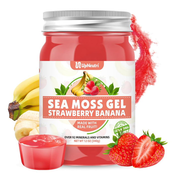 UPNEUTRI Sea Moss Gel - Wildcrafted Irish sea Moss 92 Minerals and Vitamins Immune Defense Thyroid Antioxidant Support, Vegan Non-GMO Strawberry Banana Flavored 12 OZ