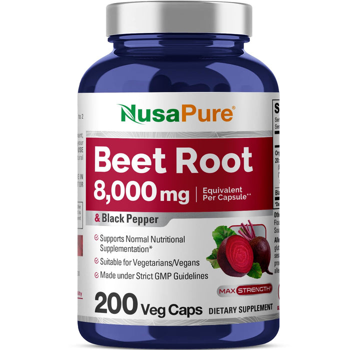 NusaPure Beet Root 8,000mg per Caps (Vegan, Non-GMO, Extract 20:1, Gluten-Free) Black Pepper - 200 Veggie caps