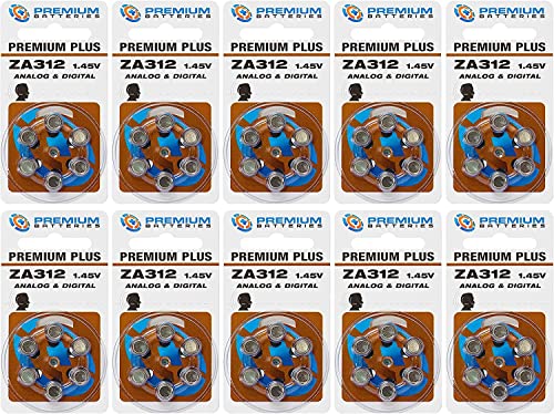 Premium Batteries Size 312, ZA312, PR41, P312 1.45V Zinc Air Hearing Aid Batteries Brown Tab (60 Batteries)