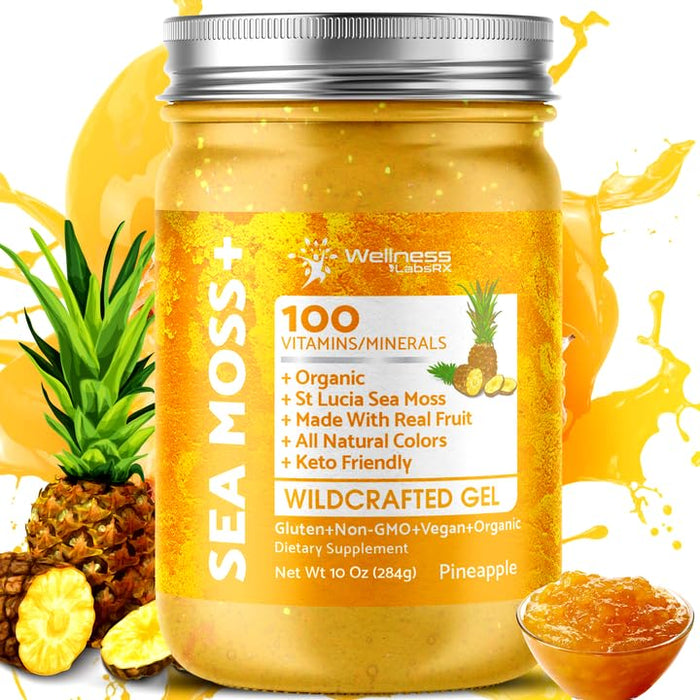 Irish Sea Moss Gel Organic Raw - Wildcrafted Superfood Seamoss Gel - Pineapple Flavor, Vitamin and Mineral-Rich from Pristine Caribbean Waters, Immune and Digestive Health Support - 10 oz.