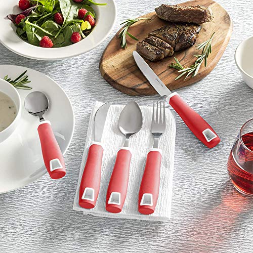 Special Supplies Adaptive Utensils 5-Piece Set Non-Weighted, Non-Slip Handles for Hand Tremors, Arthritis, Parkinson’s or Elderly Use - Stainless Steel Knife, Rocker Knife, Fork, Spoons - Red