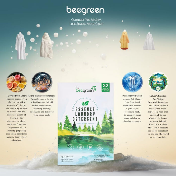 Beegreen Essential Oil Laundry Detergent Sheets: No Synthetic Fragrances, Gentle Aroma, 64 Loads, Skin-Friendly, Eco-Conscious, Zero-Waste, Liquid-Free Cleanse