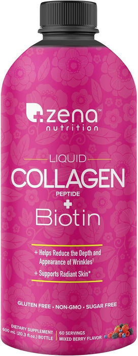 Zena Liquid Collagen Peptides + 5000mcg Biotin for Women & Men - Promotes Hair, Nails, Skin - Type 1 & 3-2500mg Collagen, 60 Servings 20.3 Fl Oz