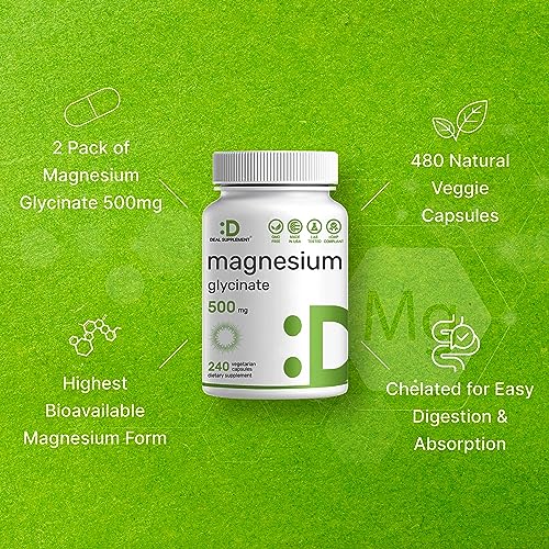 2 Pack Magnesium Glycinate 500mg, 480 Veggie Capsules | Chelated for Easy Absorption | Highly Purified Essential Trace Mineral for Muscle, Joint, Heart, & Digestive Health