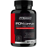 MaxMight Iron Supplement for Men & Women, 36 mg Elemental Iron, B6, B12, Folate & Vitamin C, Non-GMO, Workout, Mental Focus & Clarity, 60 Vegan Caps