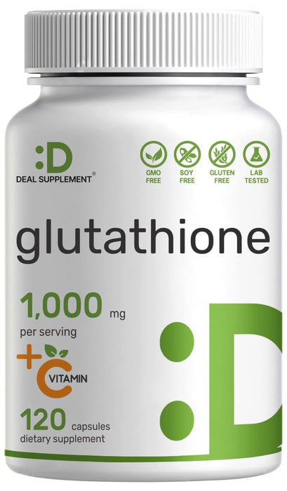 Glutathione Supplement 1,000mg Per Serving, 98% Purity | Plus Vitamin C 500mg, Active Reduced Form (GSH) | 120 Capsules – Intracellular Antioxidant – Supports Immune Healt