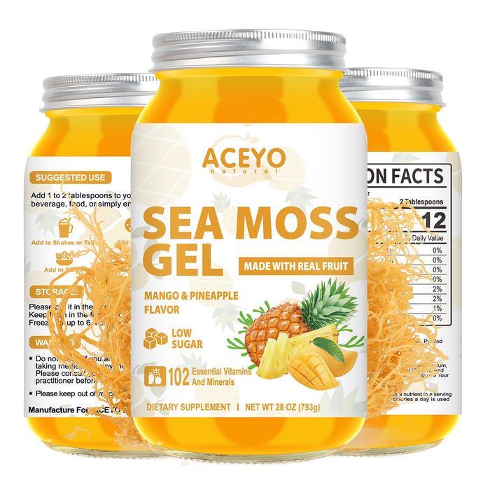 (28 OZ) Natural Sea Moss Gel Organic Raw Irish Seamoss Gel Supplement Vegan Mango Pineapple 102 Vitamins and Minerals Wild Harvested Non-GMO Immune Defense Booster Thyroid Digestive Support