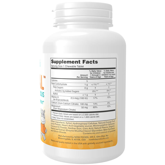 NOW Supplements, Kid Cal with Calcium Citrate, Magnesium and Vitamin D, Tart Orange, 100 Chewables, packaging may vary