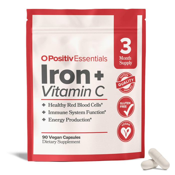 O Positiv Advanced Absorption Iron with Vitamin C Capsules - Vegan Iron Supplement for Men & Women - Healthy Red Blood Cells, Immune System & Energy Production - 90 Servings, 3 Month Bulk Supply