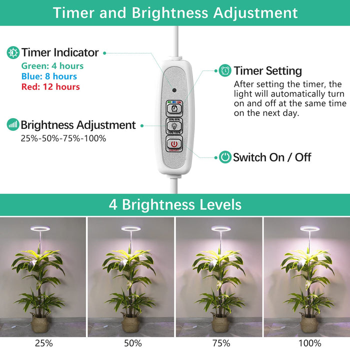 LORDEM Full Spectrum LED Grow Light, 72 LEDs, 4 Brightness Settings, Auto On/Off Timer, Height Adjustable, Ideal for Indoor Plants