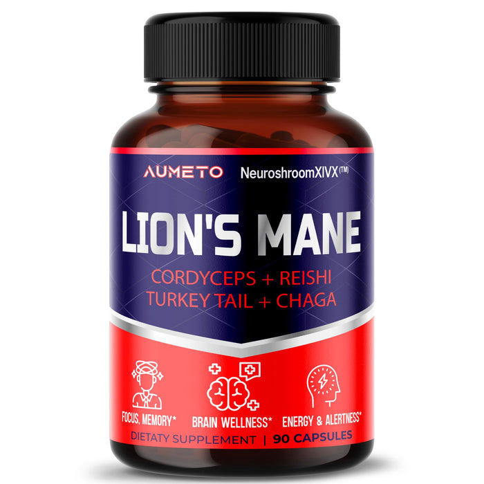 AUMETO Lions Mane Supplement Capsules 40% Polysaccharides with Cordyceps, Reishi, Turkey Tail, Chaga Mushroom Complex - Caffeine-Free 18 in 1 Brain Supplement for Memory and Focus