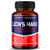 AUMETO Lions Mane Supplement Capsules 40% Polysaccharides with Cordyceps, Reishi, Turkey Tail, Chaga Mushroom Complex - Caffeine-Free 18 in 1 Brain Supplement for Memory and Focus