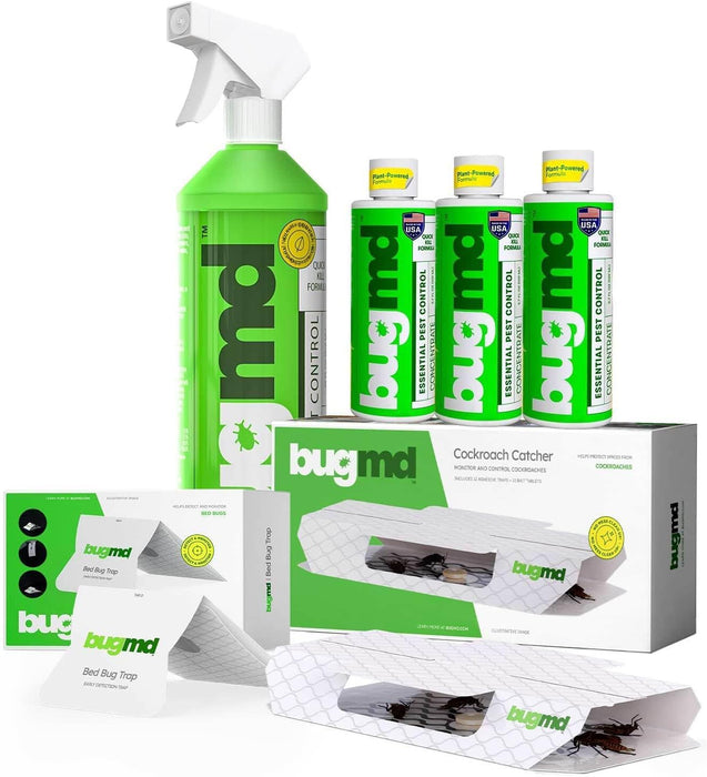 BugMD Essential Pest Control Concentrate (3 Pack) with Spray Bottle 32 oz, BugMD Cockroach Catcher (1 Pack) and BugMD Bed Bug Trap (1 Pack) Bundle