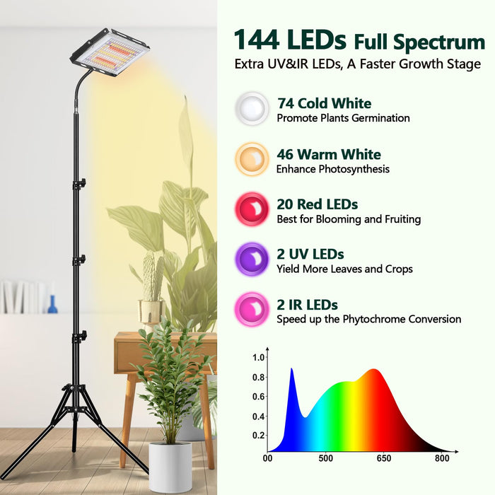 LBW Grow Lights for Indoor Plants, 144 LEDs Full Spectrum Standing Plant Grow Light with 4/8/12H Timer, 6 Dimmable Levels,68" Adjustable Tripod, Floor Grow Lamp for Tall Large Indoor Plants Growing