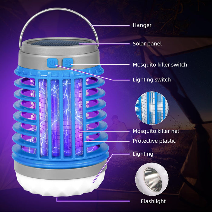 Solar Bug Zapper Outdoor Waterproof Mosquito Zapper for Patio Home Camping, 3 in 1 Cordless Mosquito Light Killer Portable Small Bug Zapper - Camping Light, Mosquito Killer, Flashlight - Blue, 2 PCS