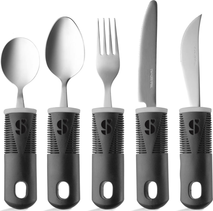 Special Supplies Adaptive Utensils (5-Piece Kitchen Set) Wide, Non-Weighted, Non-Slip Handles for Hand Tremors, Arthritis, Parkinson’s or Elderly Use - Stainless Steel (Black)