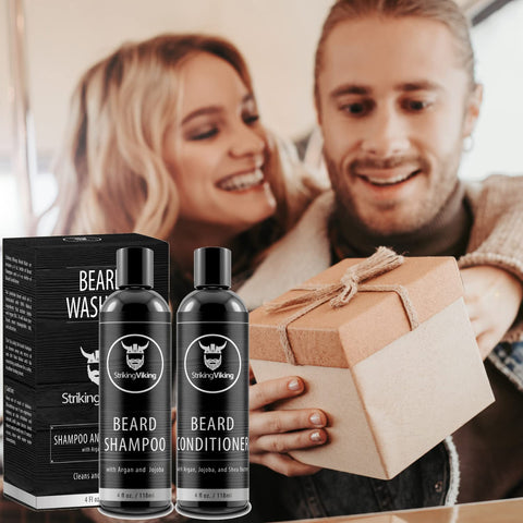Beard Shampoo and Beard Conditioner for Men, Naturally Derived Ingrediets Beard Wash Set Cleanse Softens & Conditions with Organic Argan and Jojoba Beard Oils, Sulfate & Paraben Free - Striking Viking