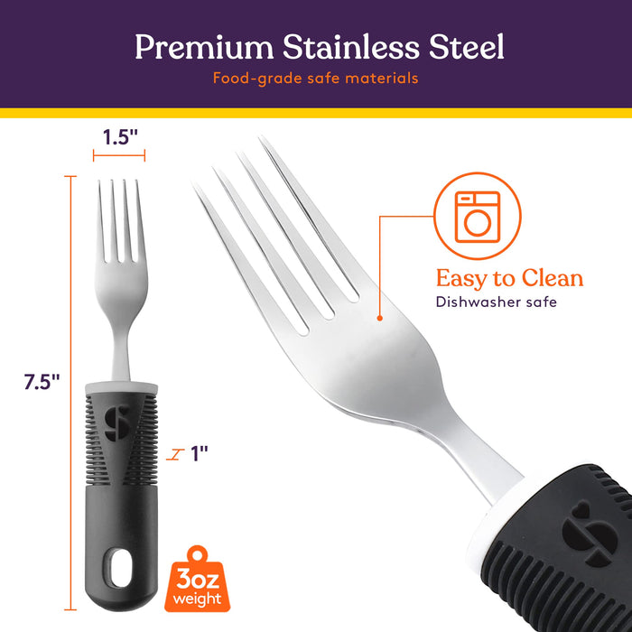 Special Supplies Adaptive Utensils (5-Piece Kitchen Set) Wide, Non-Weighted, Non-Slip Handles for Hand Tremors, Arthritis, Parkinson’s or Elderly Use - Stainless Steel (Black)