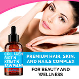 Liquid Collagen Peptides for Women - Complex with Biotin Vitamin, Hydrolyzed Keratin Protein and Saw Palmetto - Comprehensive Formula for Hair, Skin, and Nails Wellness - 2fl oz (Pack of 2)