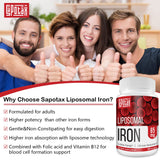 Liposomal Fe Iron Supplement for Women,65 mg Iron Supplement with Folic Acid & Vitamin B12 for Men,Red Blood Cell Production & Energy Support for Adults Iron Deficiency 60 Softgels(1 Bottle)