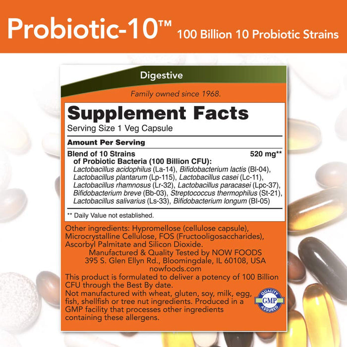 NOW Supplements, Probiotic-10™, 100 Billion, with 10 Probiotic Strains,Dairy, Soy and Gluten Free, Strain Verified, 30 Veg Capsules