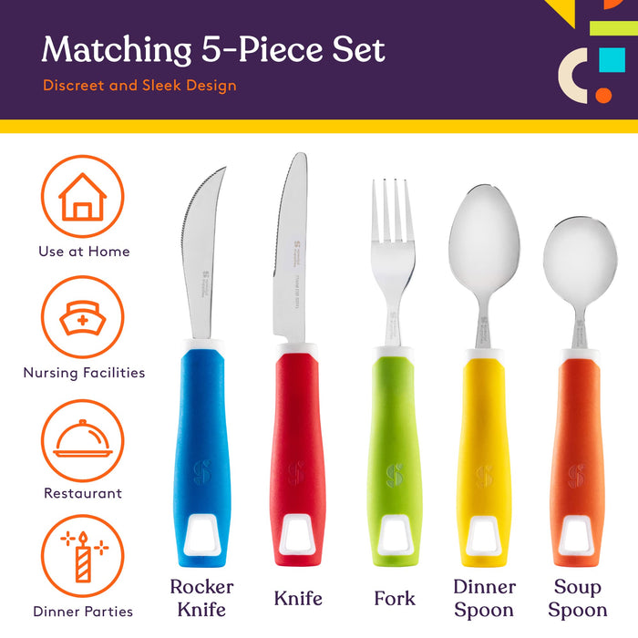 Special Supplies Adaptive Utensils (5-Piece Kitchen Set) Wide, Non-Weighted, Non-Slip Handles for Hand Tremors, Arthritis, Parkinson’s or Elderly Use - Stainless Steel Knives, Fork, Spoons