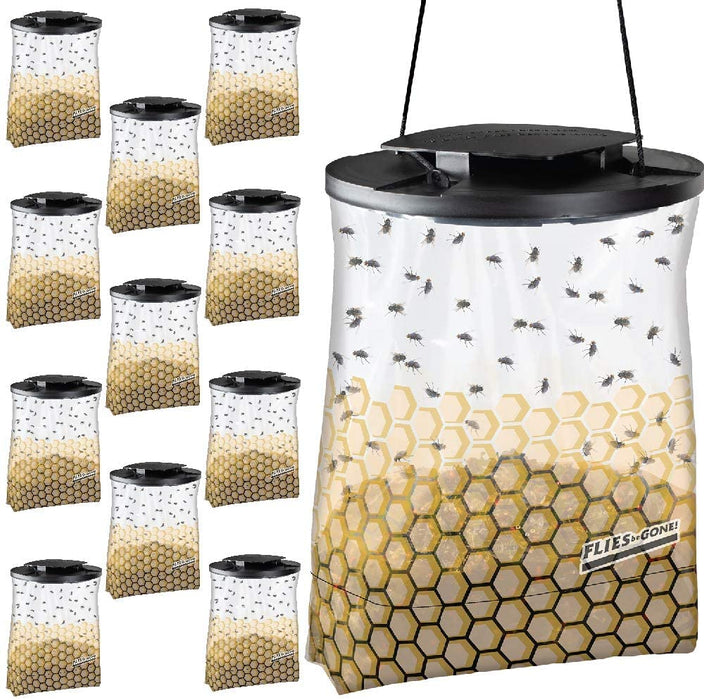 Flies Be Gone Fly Trap - Disposable Non Toxic Fly Catcher - Made in USA - Natural Bait Trap for Patios, Ranches. Easy to Use Outdoor Fly Trap, Keeps Flies from Coming Indoors (12 Pack)