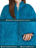 PAVILIA Womens Housecoat Zip Robe, Sherpa Zip Up Front Robe Bathrobe, Fuzzy Warm Zipper House Coat Lounger for Women Ladies Elderly with Pockets, Fluffy Fleece Long - Teal Sea Blue (Large/X-Large)