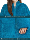 PAVILIA Womens Housecoat Zip Robe, Sherpa Zip Up Front Robe Bathrobe, Fuzzy Warm Zipper House Coat Lounger for Women Ladies Elderly with Pockets, Fluffy Fleece Long - Teal Sea Blue (Small/Medium)