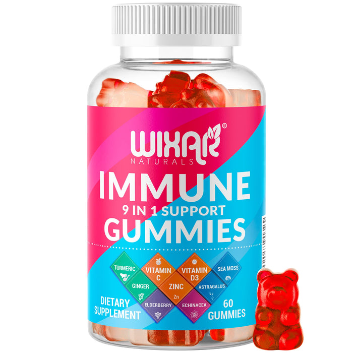 WIXAR NATURALS 9 in 1 Immune Support Gummies with Elderberry, Vitamin C&D, Zinc, Turmeric, Ginger, Echinacea, Astragalus & Sea Moss for Immunity Supplement - 60 Gummies