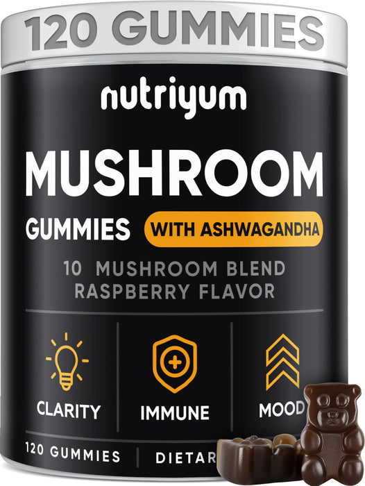 nutriyum Mushroom Gummies 10 Blend - Lions Mane Ashwagandha Turkey Tail Cordyceps Chaga Reishi Mushroom Complex - 120 pcs - NMG-V-1