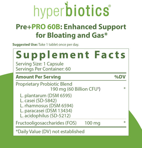 Hyperbiotics Pre Pro | Vegan Probiotics + Prebiotics | 60 Billion CFU | Daily Probiotic for Women and Men | Advanced Strength Digestive and Immune Health Support | Gluten and Dairy Free | 60 Capsules