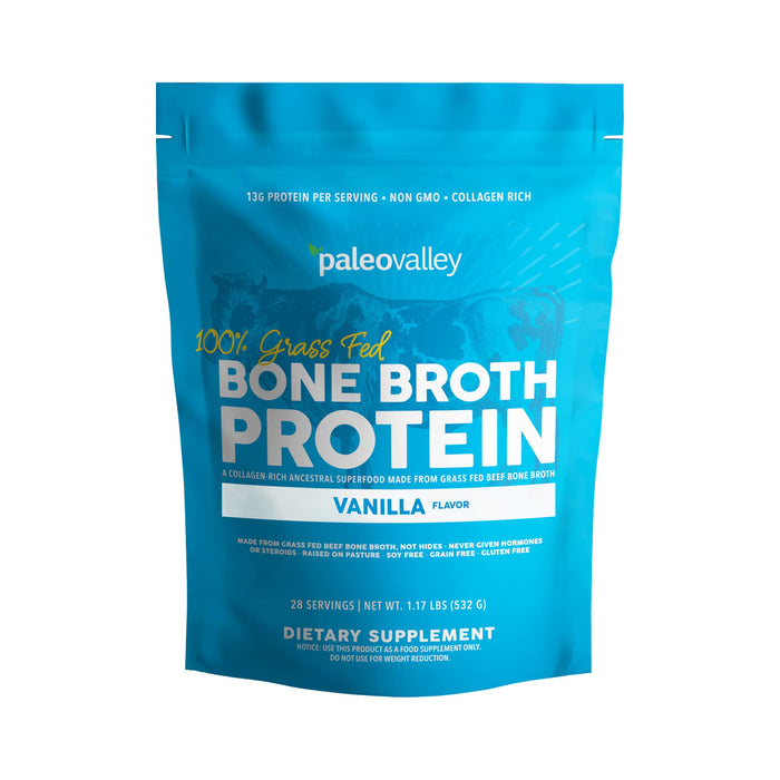 Paleovalley 100% Grass Fed Bone Broth Protein Powder - Vanilla - Rich in Collagen for Hair, Skin, Gut Health, Bone and Joint Support - 28 Servings