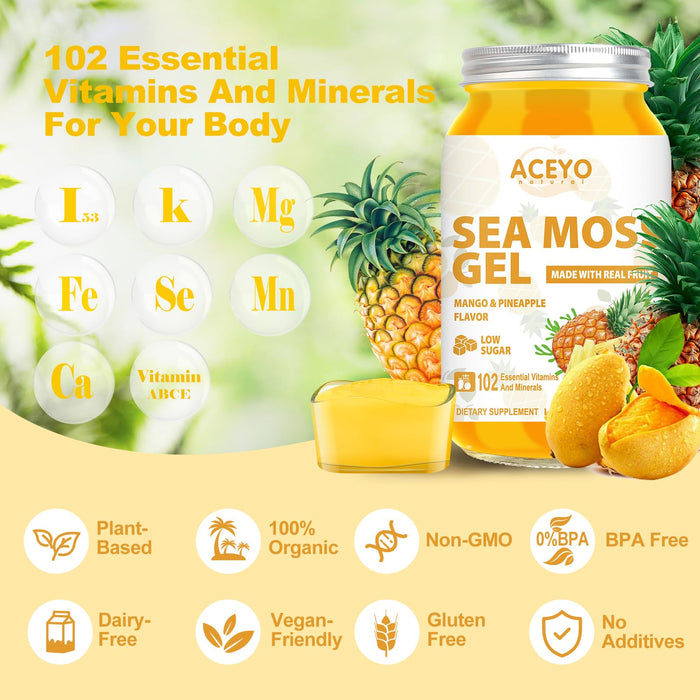 (28 OZ) Natural Sea Moss Gel Organic Raw Irish Seamoss Gel Supplement Vegan Mango Pineapple 102 Vitamins and Minerals Wild Harvested Non-GMO Immune Defense Booster Thyroid Digestive Support