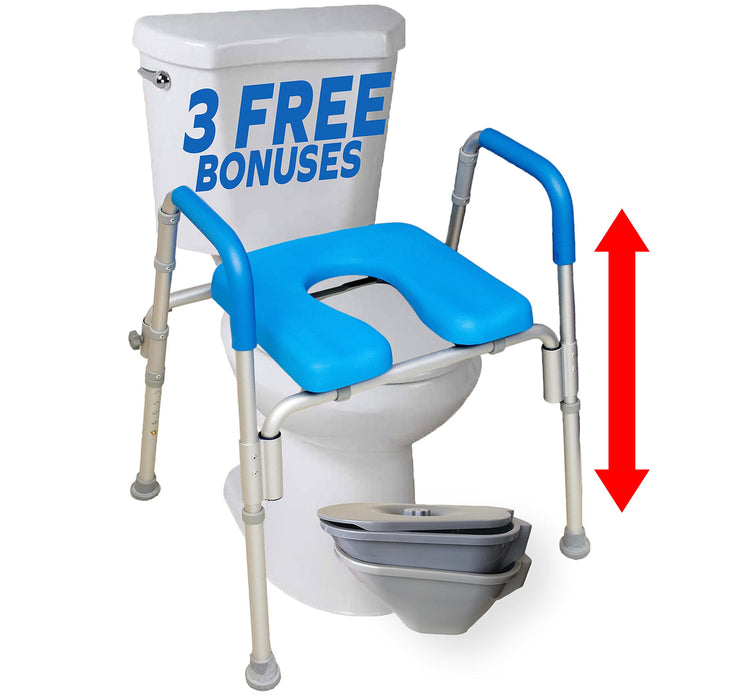 Ultimate Raised Toilet Seat with Handles, Padded, Armrests, Adjustable Height, Premium Elevated Toilet Seat for Elderly Bathroom Safety with Arms, Standard and Elongated Toilets, Blue