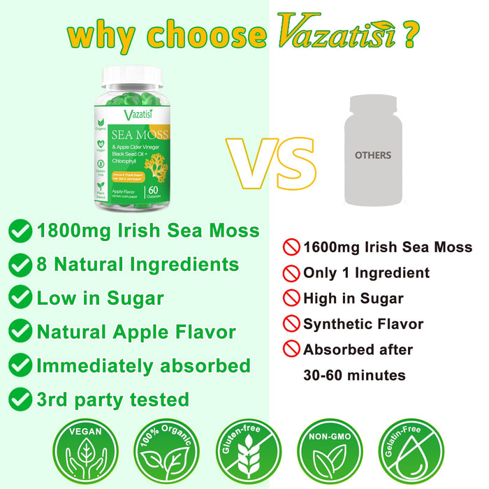 Vazatisi Organic Irish Sea Moss Gummies with Black Seed Oil, Chlorophyll - Thyroid, Digestion, Mood, Energy, Immune Support - Adults & Kids, Women & Men - 60 Vegan Gummies