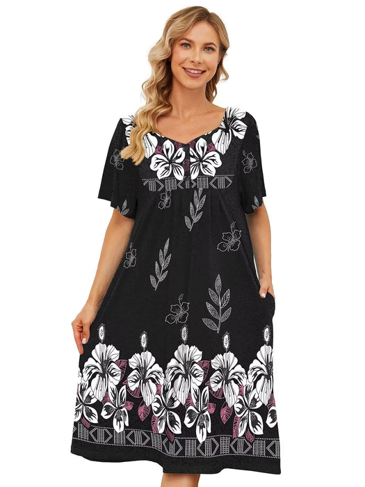 Moomoo Nightgowns for Women Plus Size House Dresses for Elderly Women Lounge Dresses Duster Housecoat Short Sleeve Robes Print Gowns for Women Cotton Moo Moo House Dress Plus Size Nightgowns Black XXL