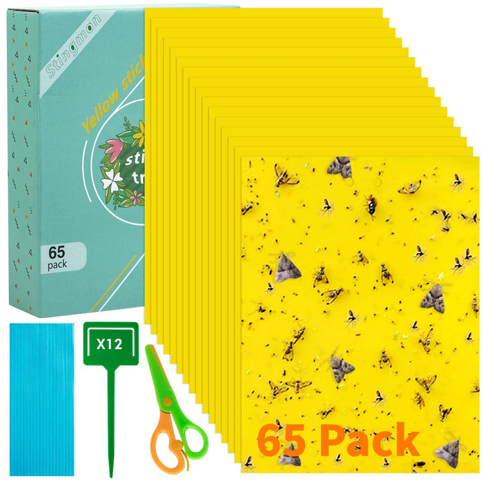 Stingmon 65 Pcs Sticky Fly Trap, Yellow Fly Catcher for Orchard Garden, Fungus Gnat Killer Outdoor for Fungus Gnats, Whiteflies, Aphids, Leafminers