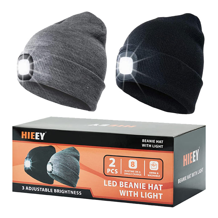 HIEEY 2 Pieces Unisex LED Beanie Hat with Light,USB Rechargeable Headlamp Cap, Winter Knitted Night Lighted Hat Flashlight, Women Men Gifts for Dad Him Husband,Gifts for Elderly Men