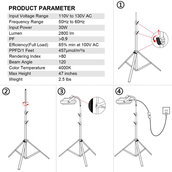 LBW Grow Light with Stand, Full Spectrum 150W LED Floor Plant Light for Indoor Plants, Grow Lamp with On/Off Switch, Adjustable Tripod Stand 15-48 inches