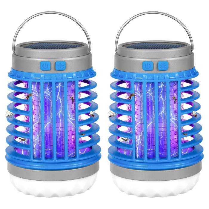 Solar Bug Zapper Outdoor Waterproof Mosquito Zapper for Patio Home Camping, 3 in 1 Cordless Mosquito Light Killer Portable Small Bug Zapper - Camping Light, Mosquito Killer, Flashlight - Blue, 2 PCS