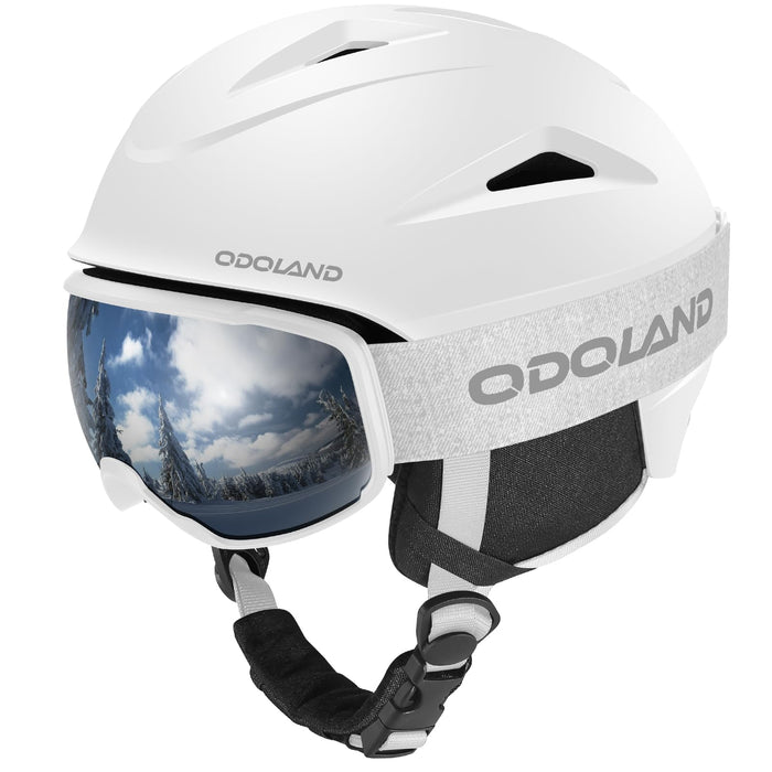 Odoland Snowboard Helmet, Ski Helmet with Ski Goggles for Adults, Durable PC Shell & EPS Foam, Safety Snow Helmets and Protective Goggles for Men Women Youth, White, S