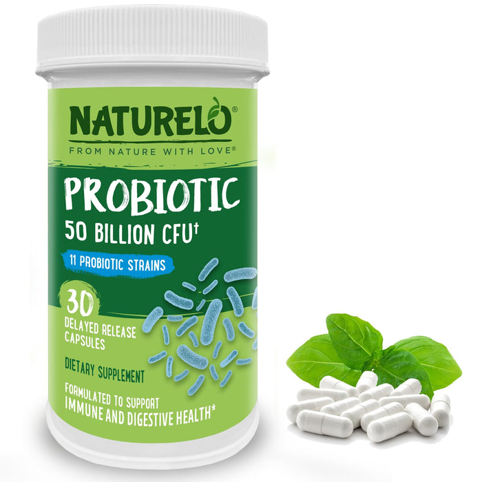 NATURELO Probiotic Supplement - 50 Billion CFU - 11 Strains - One Daily - Helps Support Digestive & Immune Health - Delayed Release - No Refrigeration Needed - 30 Vegan Capsules