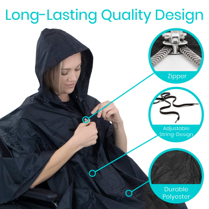 Vive Wheelchair Poncho - Lightweight, Breathable and Waterproof Raincoat - Reusable and Packable Cape With Hood- Men, Women