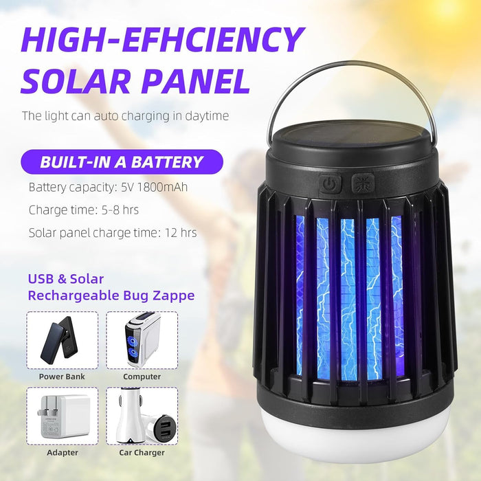 2 Pcs Solar Bug Zapper Outdoor Waterproof Mosquito Zapper - Camping Light, Mosquito Killer, Flashlight - 3 in 1 Cordless Mosquito Light Killer Portable Small Bug Zapper for Patio Home Camping, Black