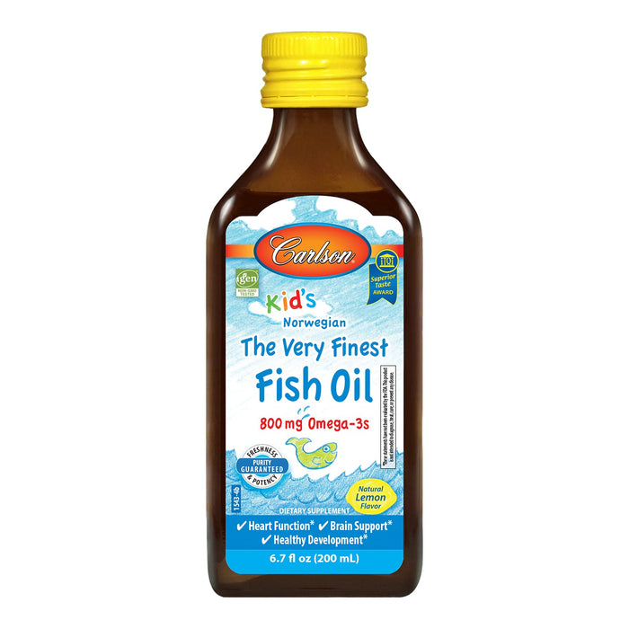 Carlson - Kid's The Very Finest Fish Oil Liquid, 800 mg Omega-3s, Norwegian, Wild-Caught Fish Oil, Omega 3 Liquid for Kids, Sustainably Sourced, Lemon, 200 ml