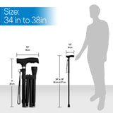 RMS Folding Cane - Foldable, Adjustable, Lightweight Aluminum Offset Walking Cane - Collapsible Walking Stick with Ergonomic Derby Handle - Ideal Daily Living Aid for Limited Mobility (Black)