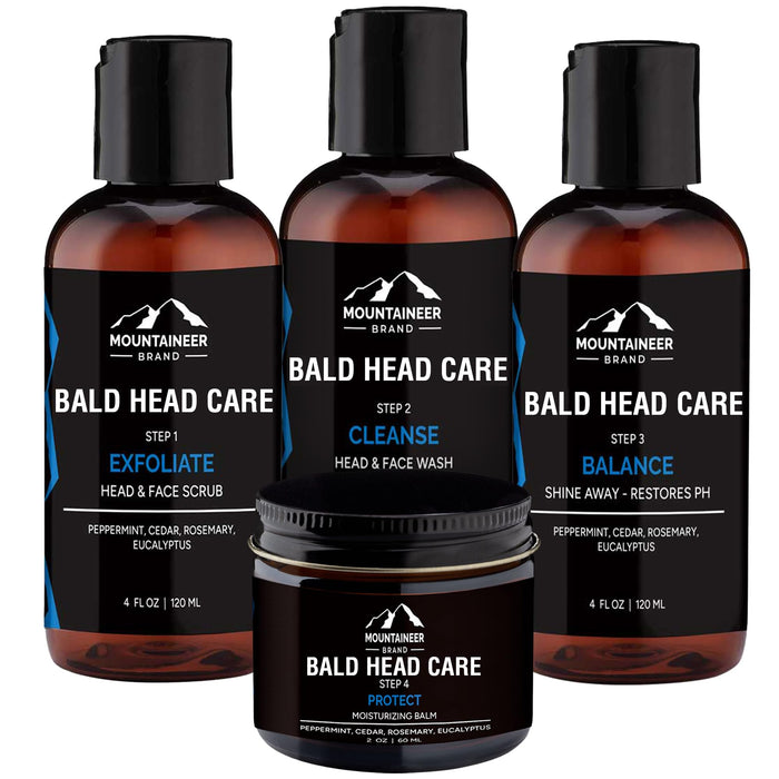Mountaineer Brand Bald Head Care Gifts For Bald Men | All Natural 4 Step Daily Skin Care for Healthy Scalp & Face | Exfoliate Scrub | Cleanse Wash | Shine Away PH Balance | Protect Moisturizing Balm